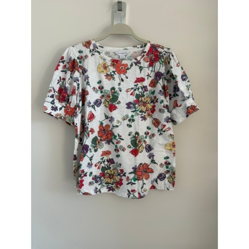 Liz Claiborne Womens Floral Puff Sleeve Tee White Multi Color Botanical Top L